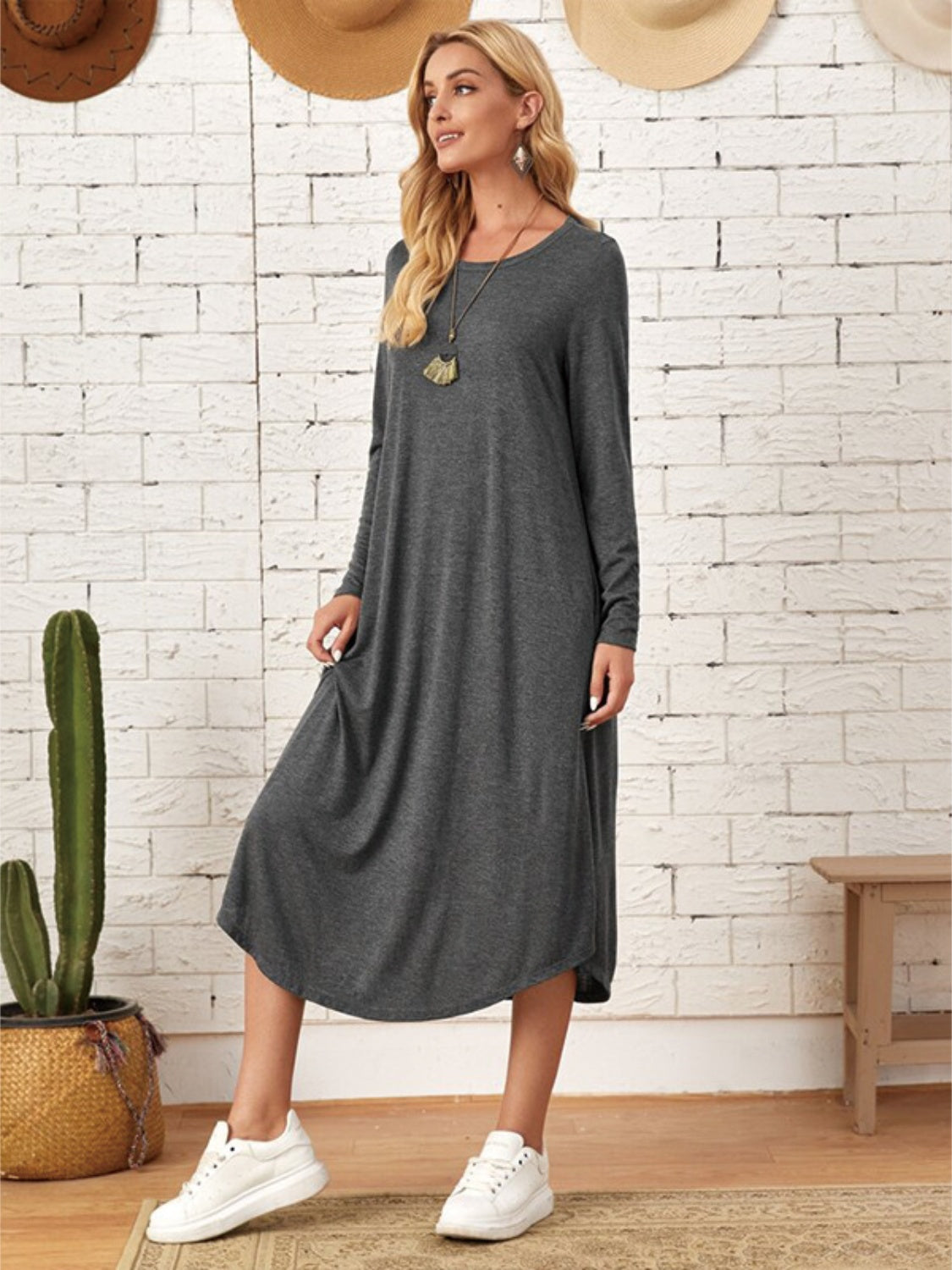 Pocketed Round Neck Long Sleeve Tee Dress-Angel Casuals