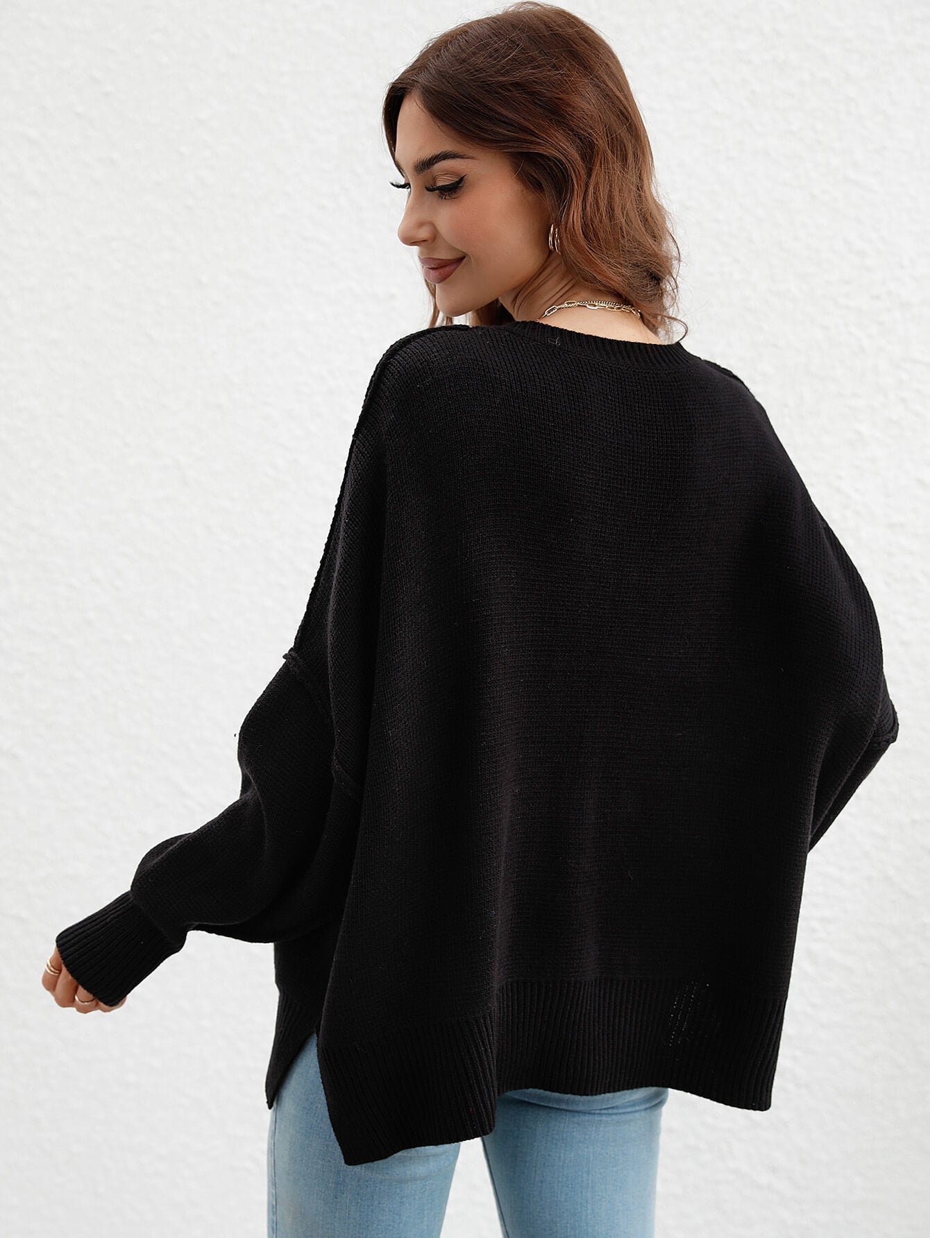 Exposed Seam Dropped Shoulder Slit Sweater-Angel Casuals