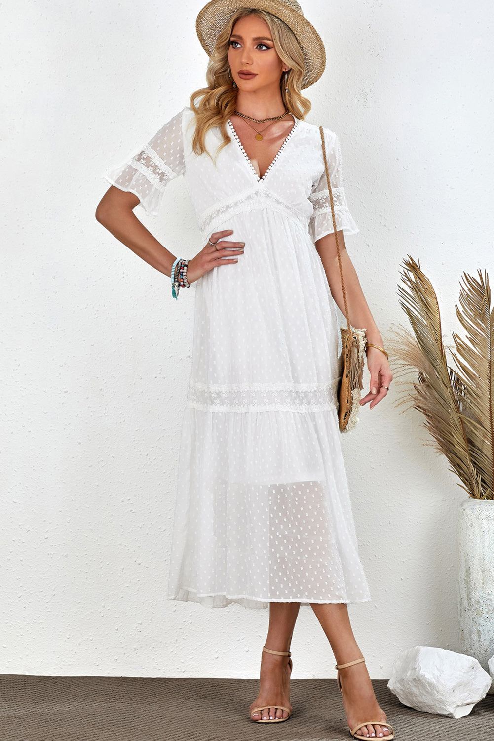 Swiss Dot V-Neck Short Sleeve Midi Dress-Angel Casuals