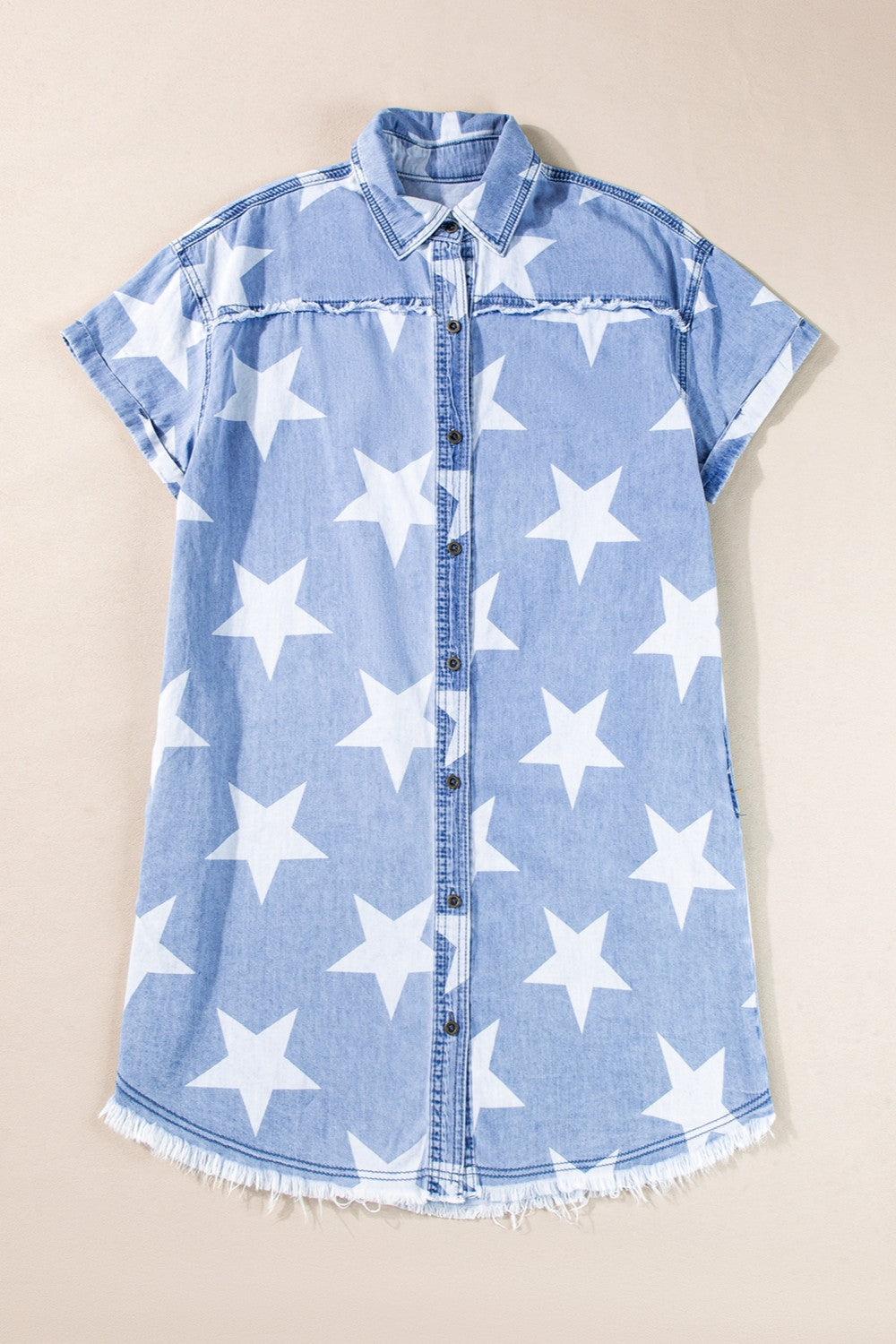 Raw Hem Star Short Sleeve Denim Dress-Angel Casuals