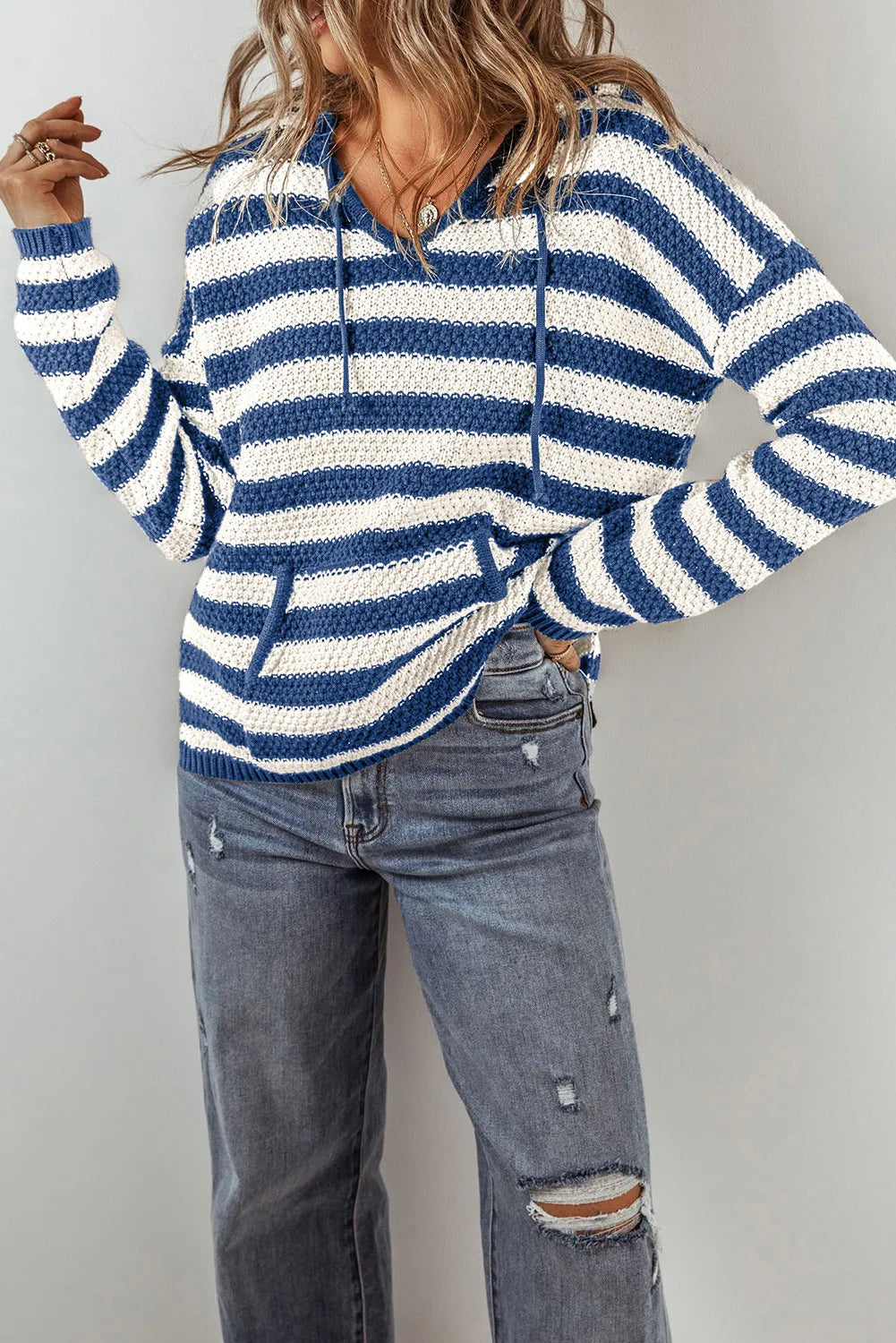 Drawstring Striped Long Sleeve Hooded Sweater-Angel Casuals