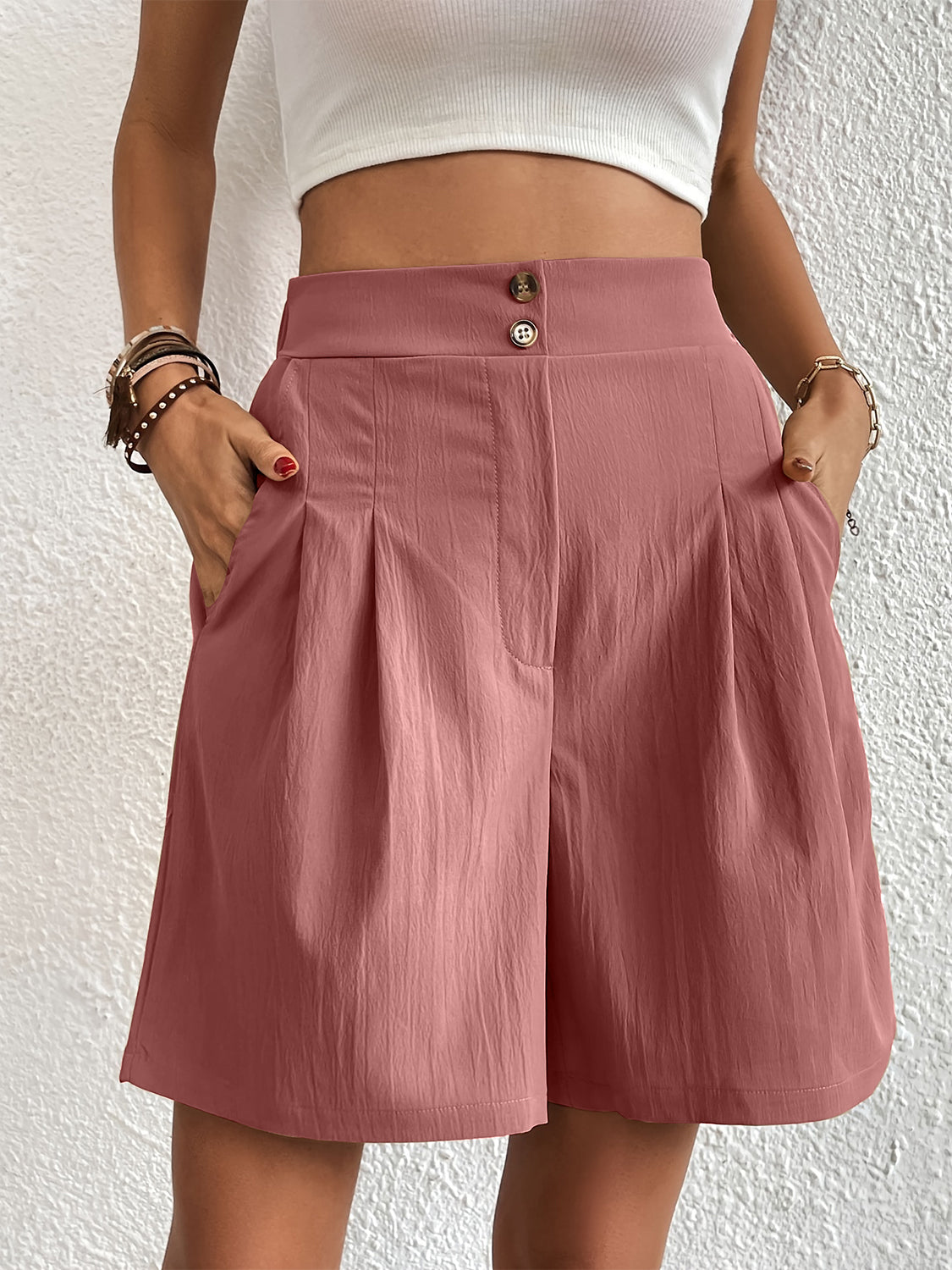 Pocketed Half Elastic Waist Shorts-Angel Casuals