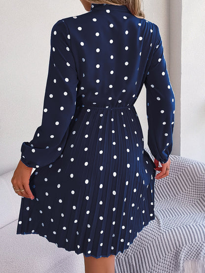 Polka Dot Tie Neck Pleated Dress-Angel Casuals