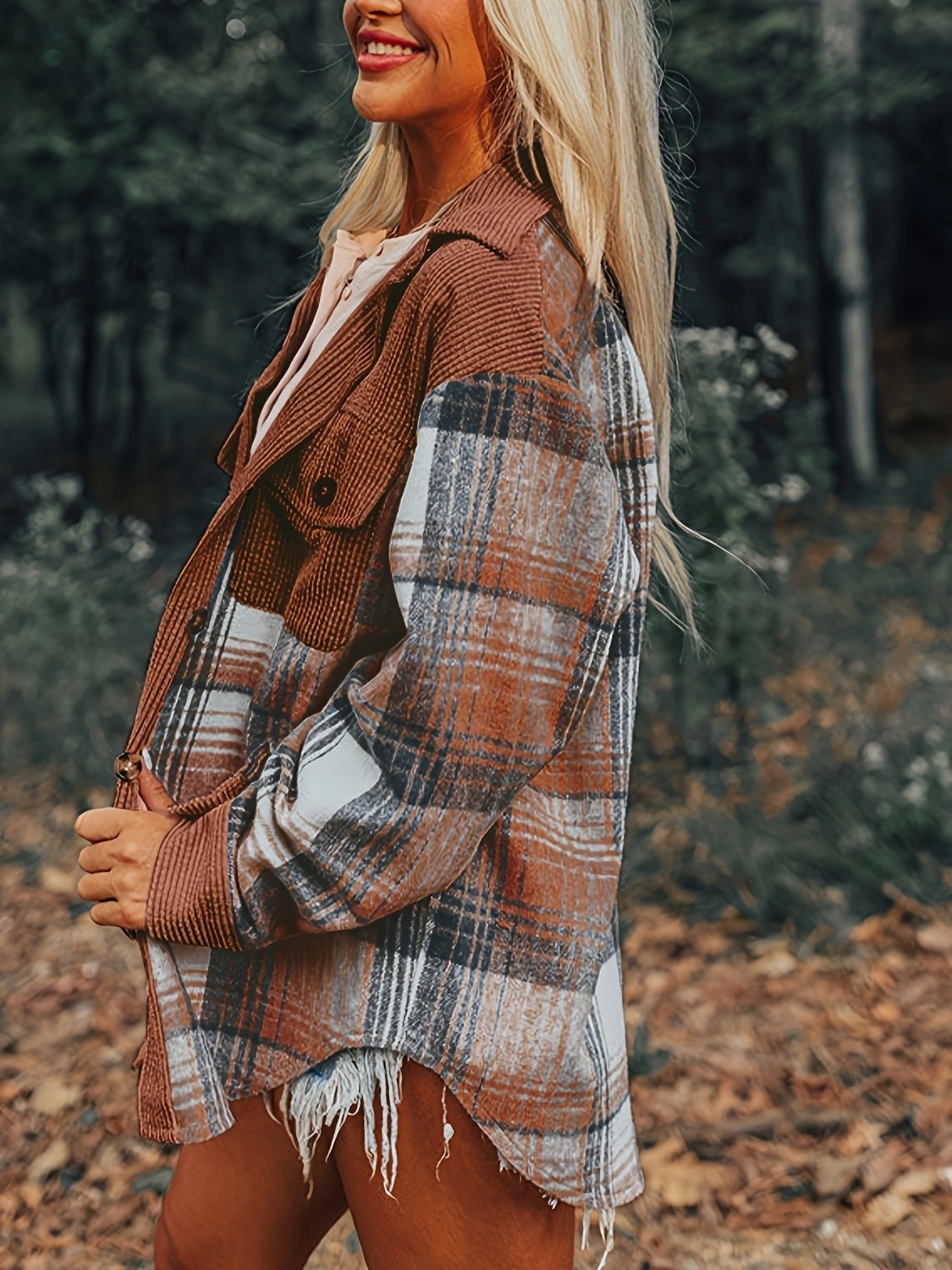 Plaid Collared Neck Button Up Shacket-Angel Casuals