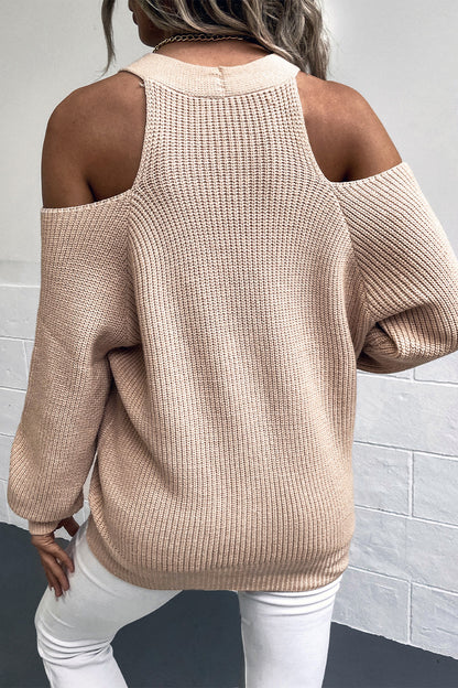 Cold Shoulder Plunge Neck Ribbed Cardigan-Angel Casuals