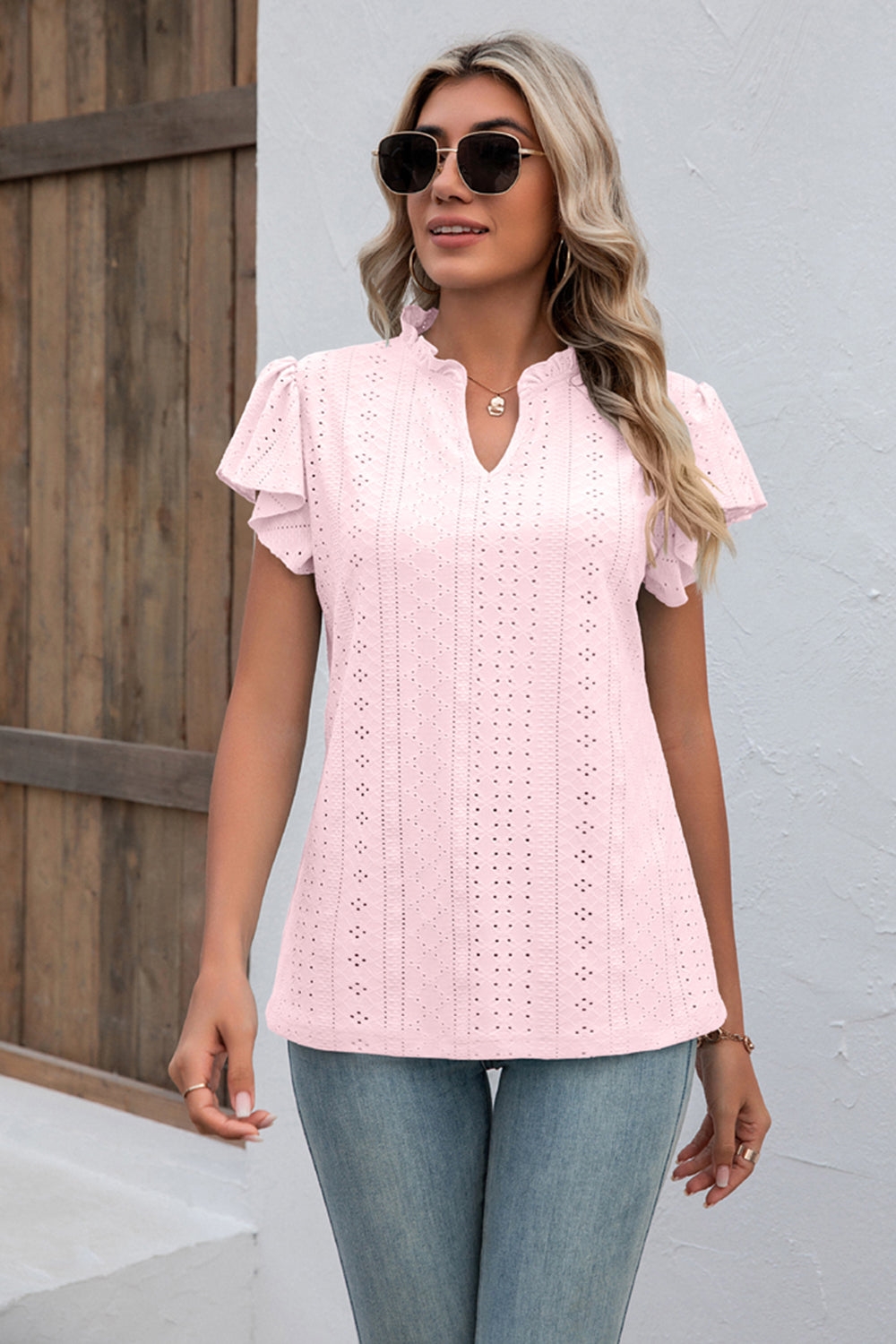 Eyelet Notched Neck Flutter Sleeve Top-Angel Casuals