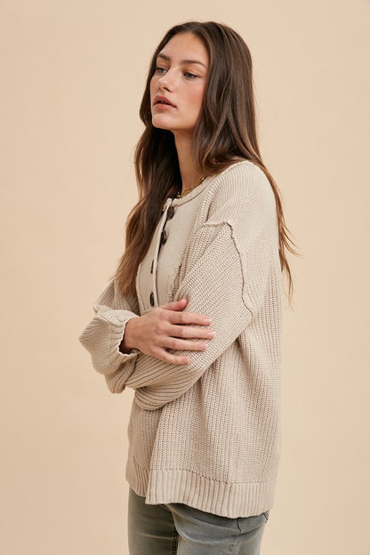 Annie Wear Half Button Ribbed Hem Sweater-Angel Casuals