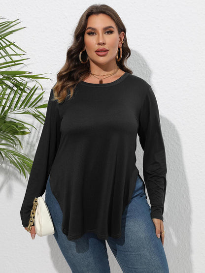 Plus Size Round Neck Long Sleeve Slit T-Shirt-Angel Casuals