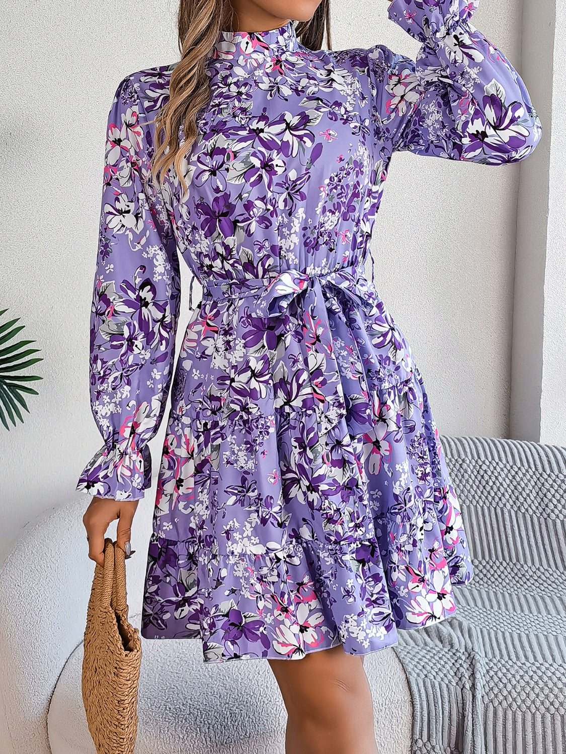 Printed Mock Neck Flounce Sleeve Mini Dress-Angel Casuals