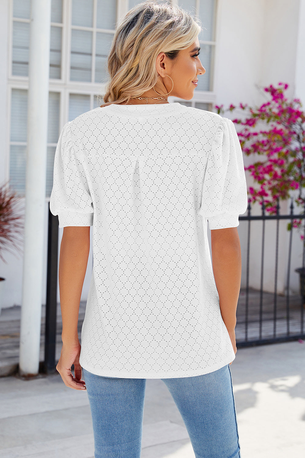 Eyelet Notched Puff Sleeve T-Shirt-Angel Casuals