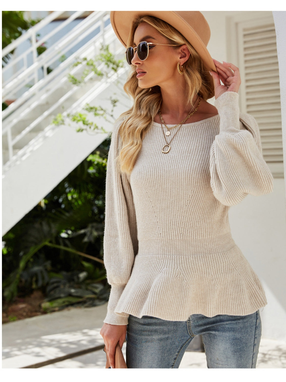 Ribbed Round Neck Lantern Sleeve Sweater-Angel Casuals