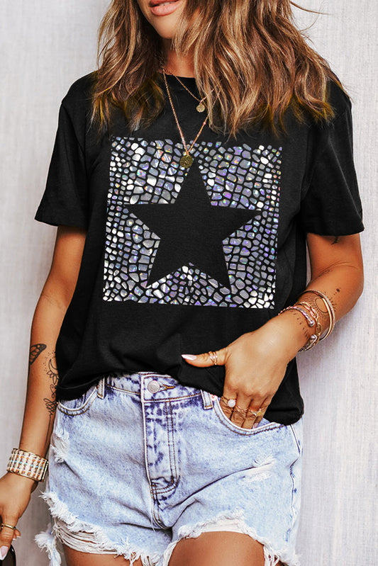 Star Round Neck Short Sleeve T-Shirt-Angel Casuals
