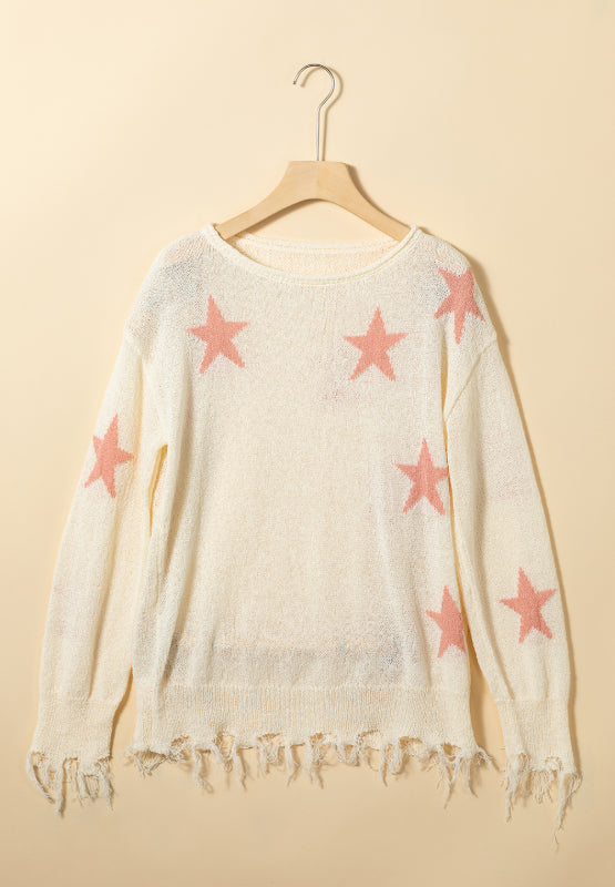 Contrast Star Raw Hem Long Sleeve Knit Top-Angel Casuals