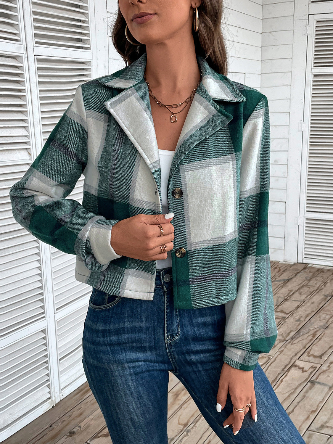Perfee Plaid Collared Neck Button Up Long Sleeve Jacket-Angel Casuals