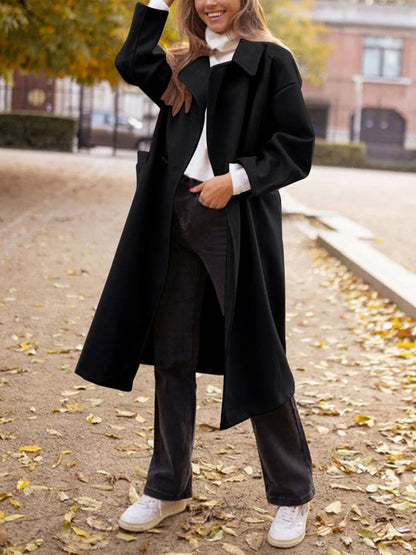 Pocketed Collared Neck Long Sleeve Coat-Angel Casuals