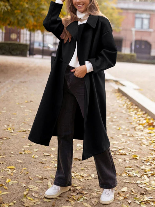 Pocketed Collared Neck Long Sleeve Coat-Angel Casuals