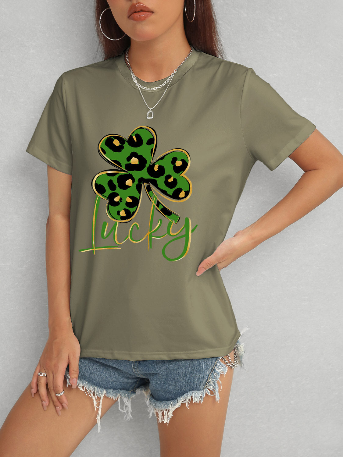 Lucky Clover Round Neck Short Sleeve T-Shirt-Angel Casuals