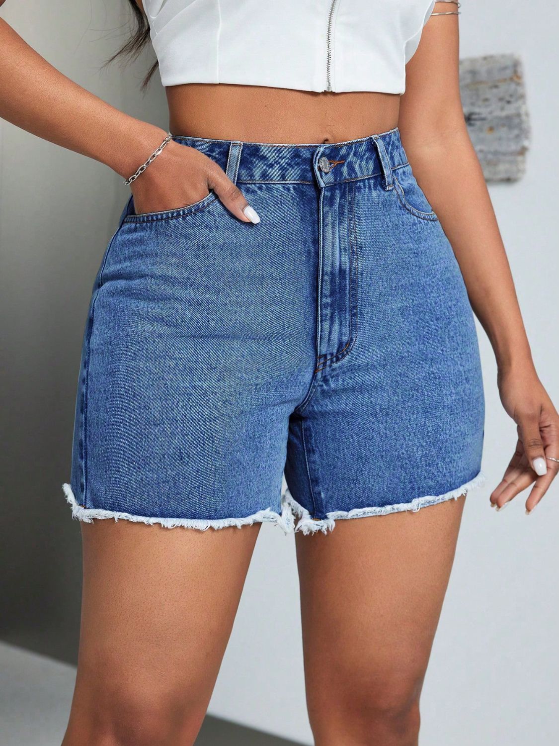 Raw Hem High Waist Denim Shorts-Angel Casuals