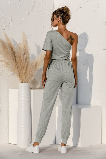 Single Shoulder Short Sleeve Jumpsuit-Angel Casuals