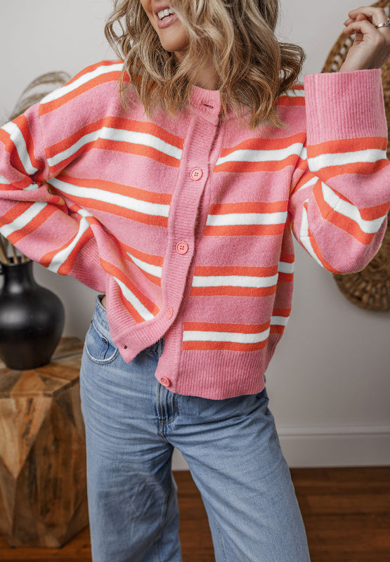 Striped Button Down Long Sleeve Cardigan-Angel Casuals