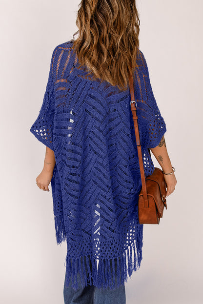 Openwork Open Front Cardigan with Fringes-Angel Casuals