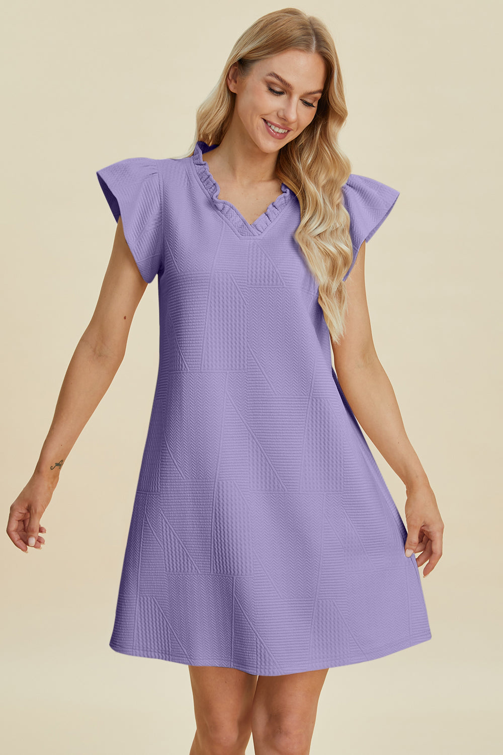 Double Take Full Size Ruffled V-Neck Cap Sleeve Dress-Angel Casuals