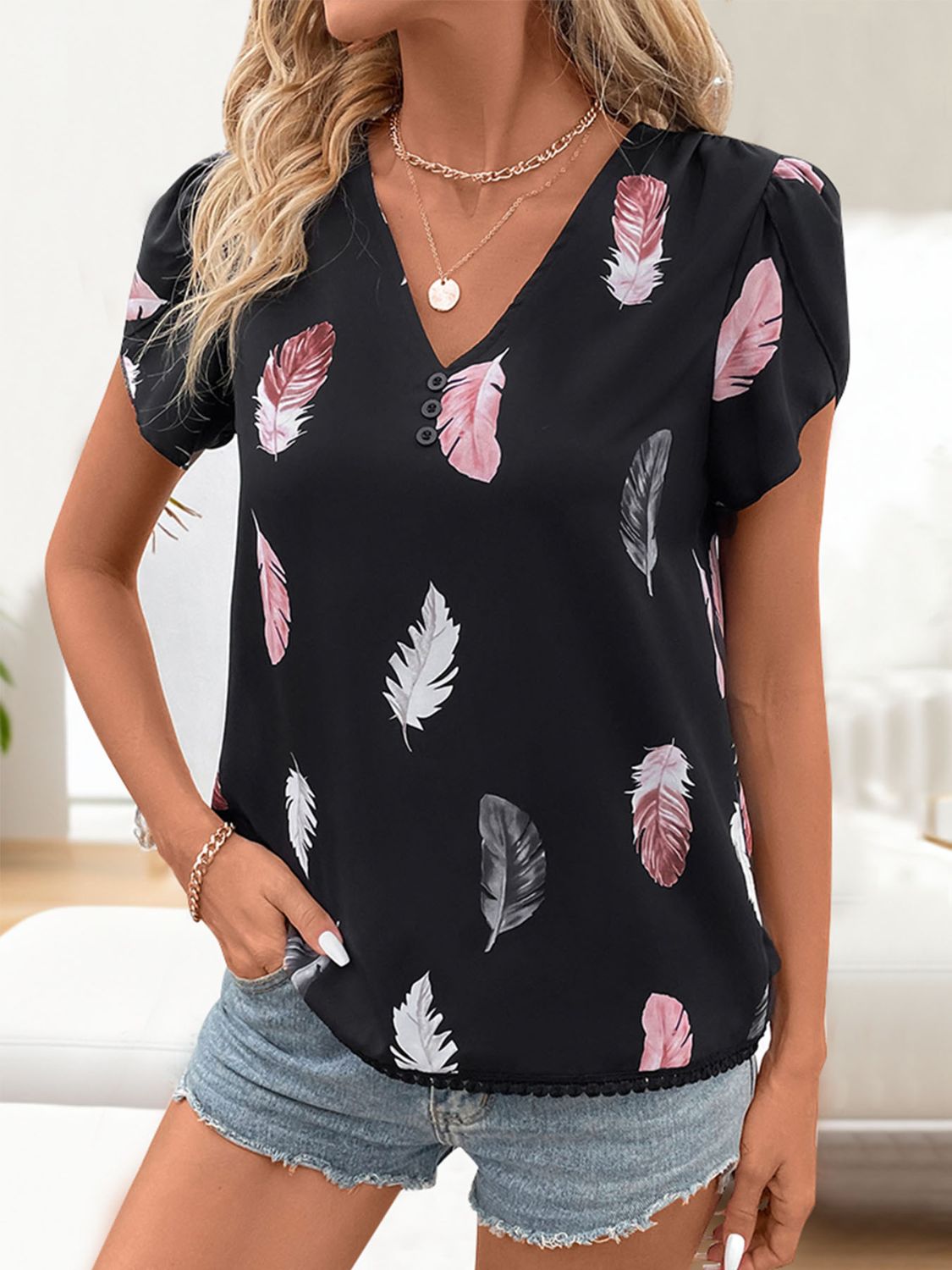 Printed V-Neck Short Sleeve Blouse-Angel Casuals