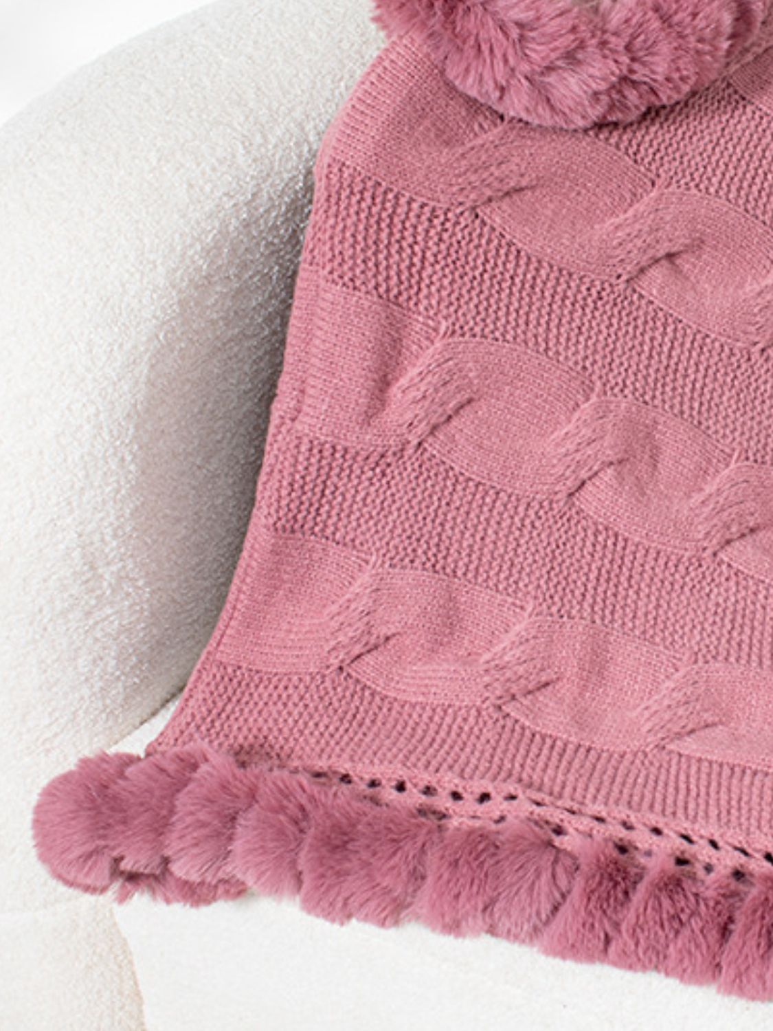 Fuzzy Hem Cable-Knit Poncho-Angel Casuals