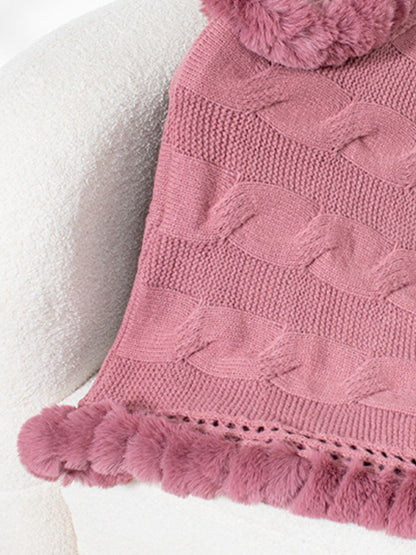 Fuzzy Hem Cable-Knit Poncho-Angel Casuals