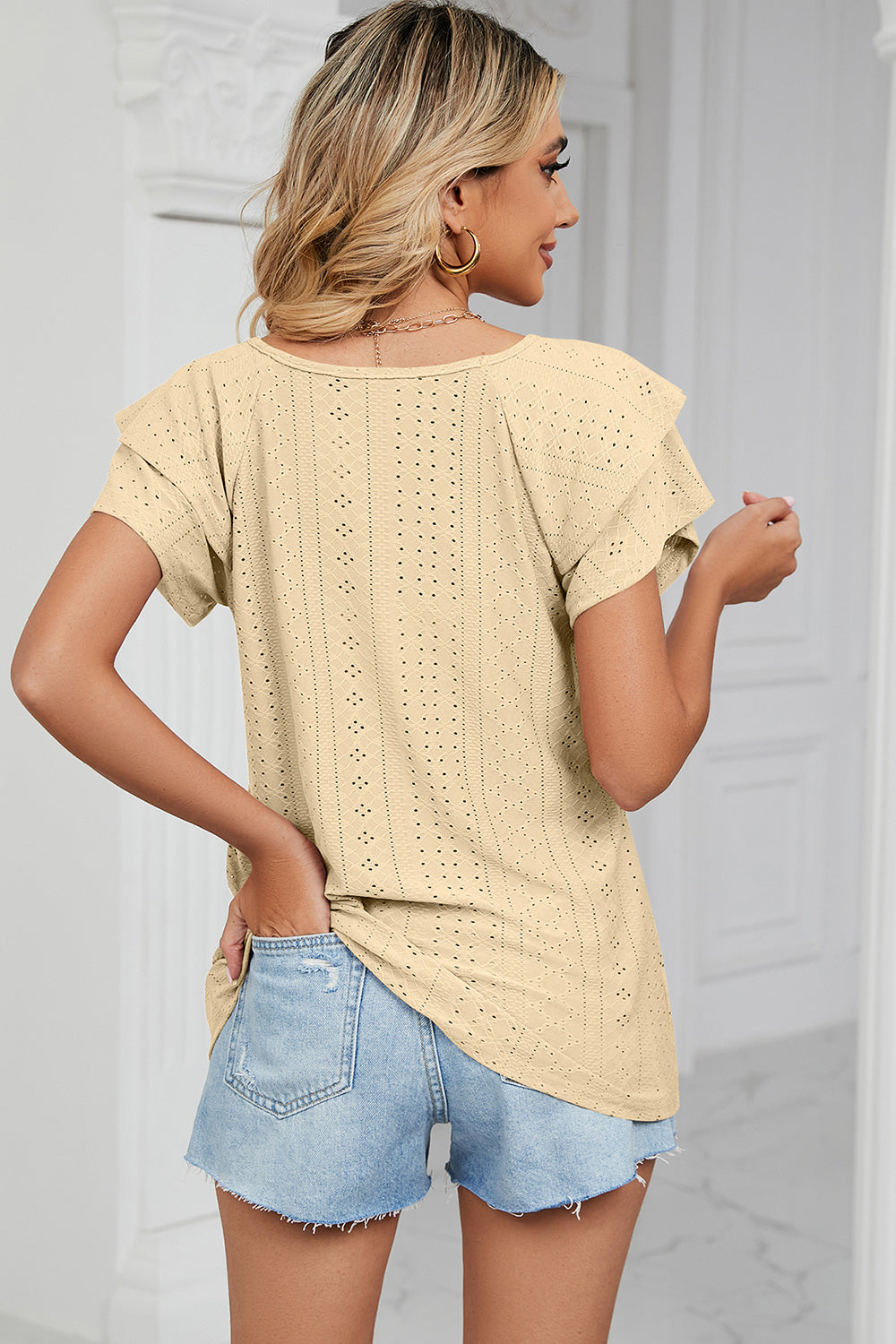 Eyelet V-Neck Short Sleeve T-Shirt-Angel Casuals