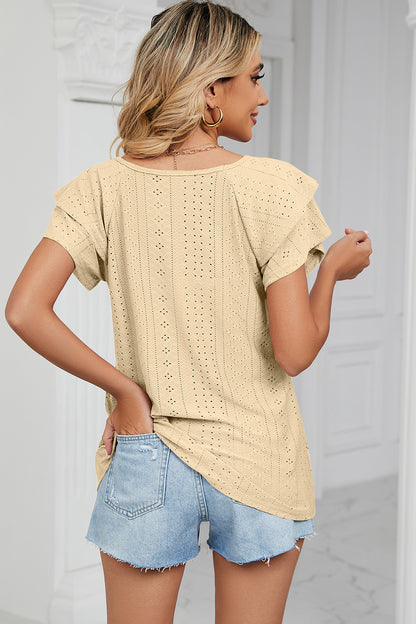 Eyelet V-Neck Short Sleeve T-Shirt-Angel Casuals