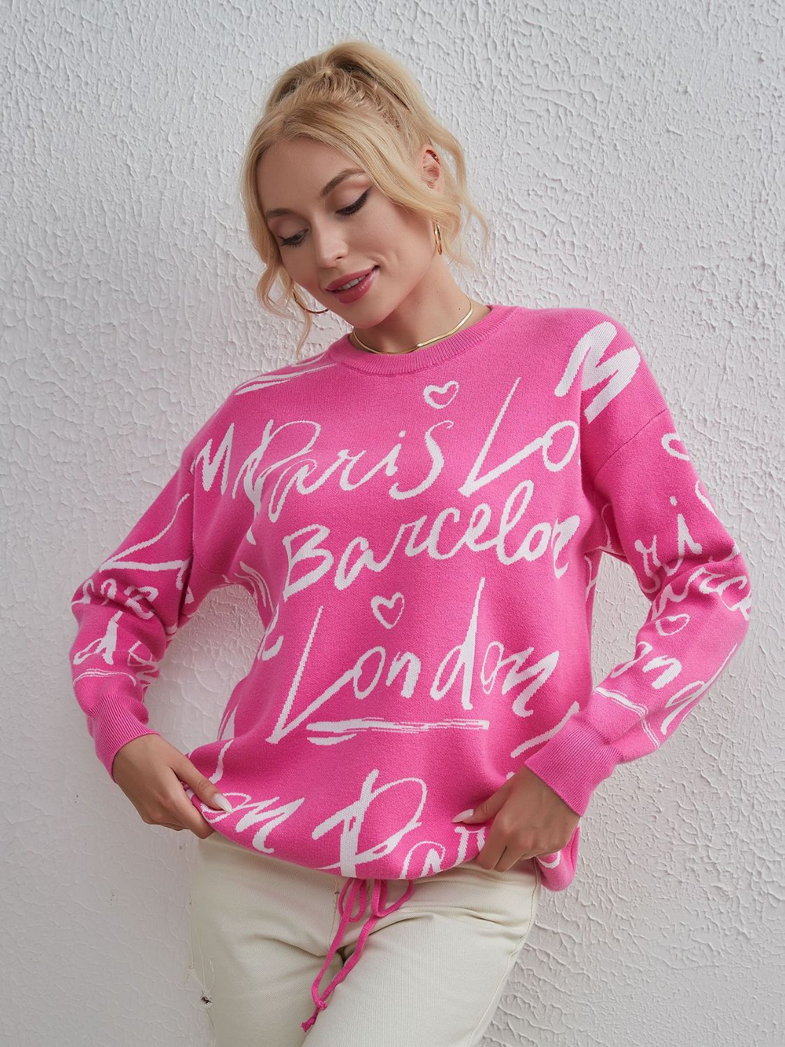 Drawstring Hem Letter Pattern Round Neck Dropped Shoulder Sweater-Angel Casuals