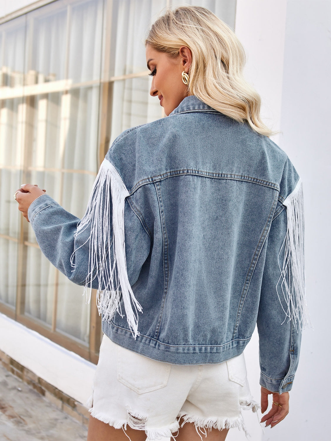 Tassel Button Up Dropped Shoulder Denim Jacket-Angel Casuals