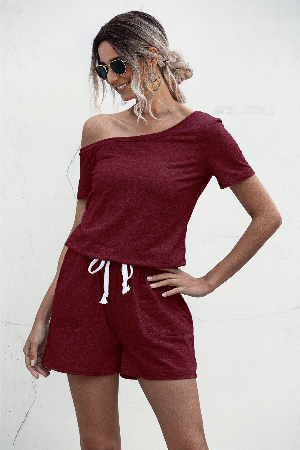 One Shoulder Tie Waist Romper-Angel Casuals