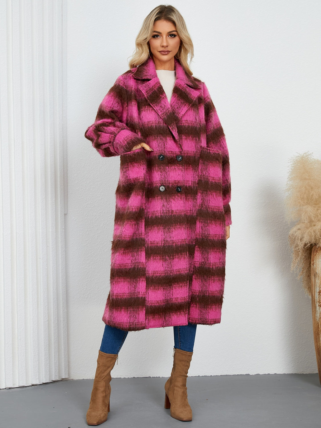 Contrast Double-Breasted Long Sleeve Longline Coat-Angel Casuals