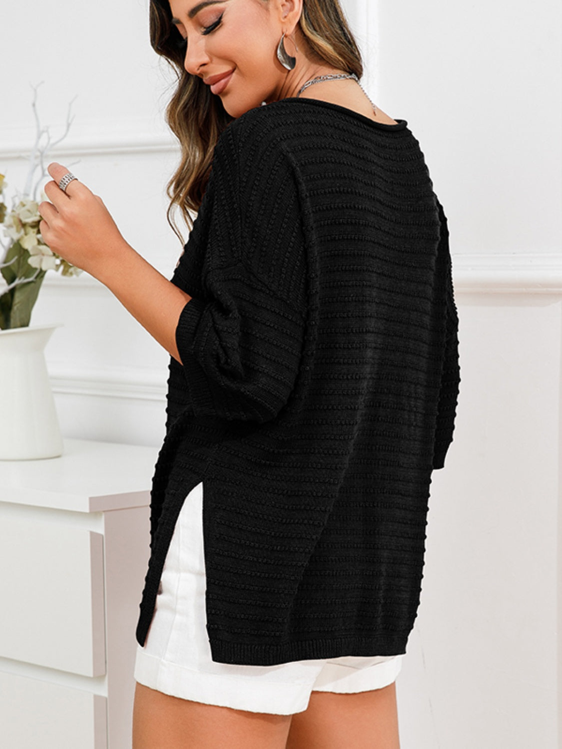 Rolled Round Neck Dropped Shoulder Slit Sweater-Angel Casuals