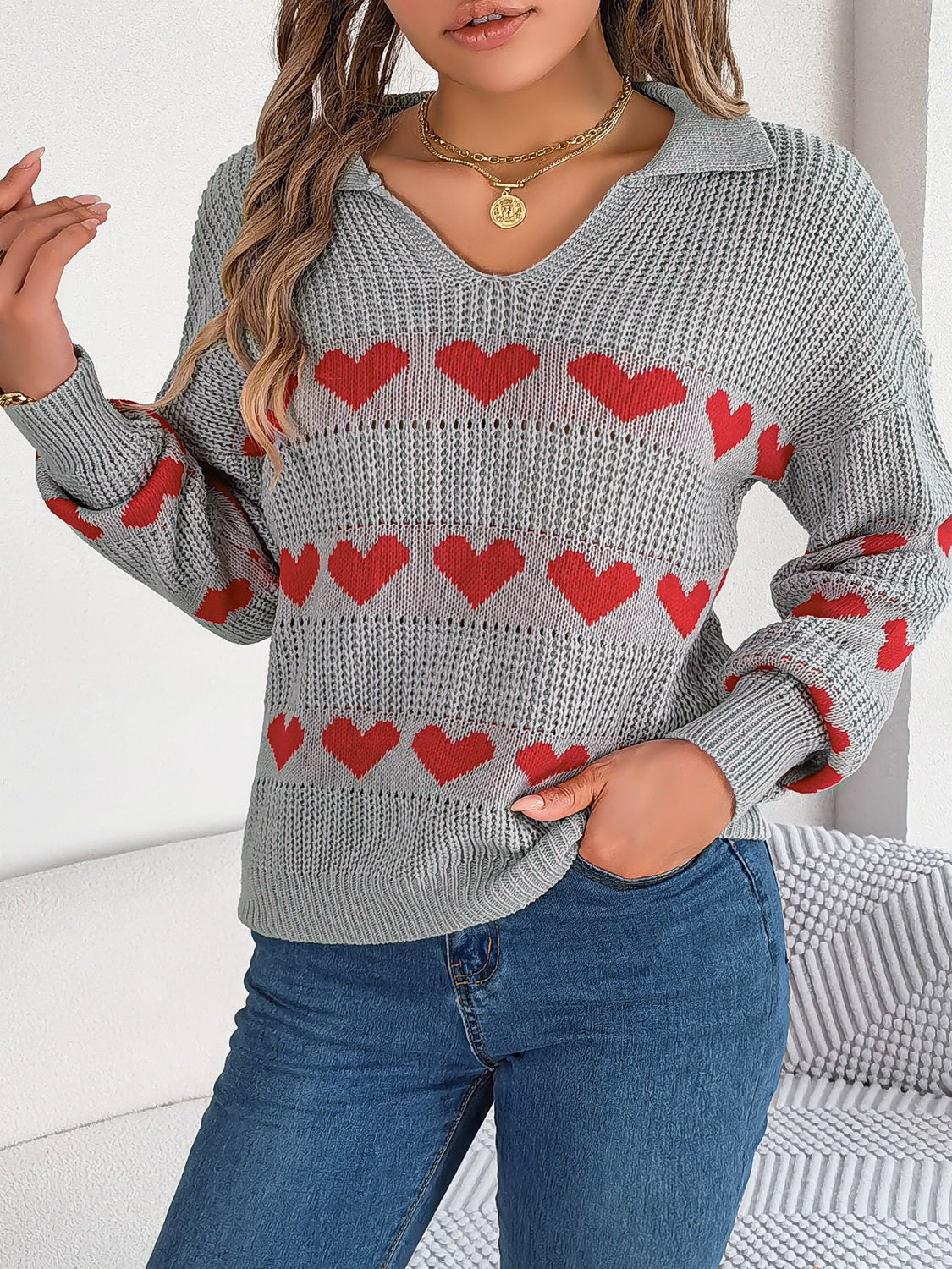 Heart Johnny Collar Long Sleeve Sweater-Angel Casuals