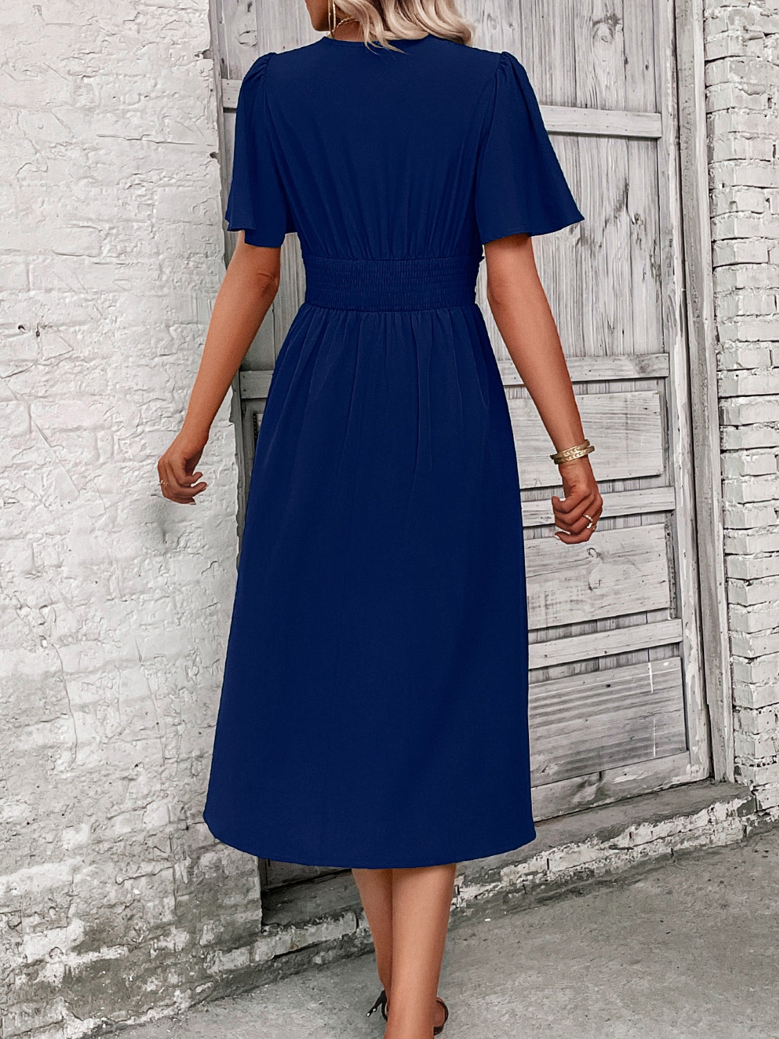 Surplice Flutter Sleeve Midi Dress-Angel Casuals