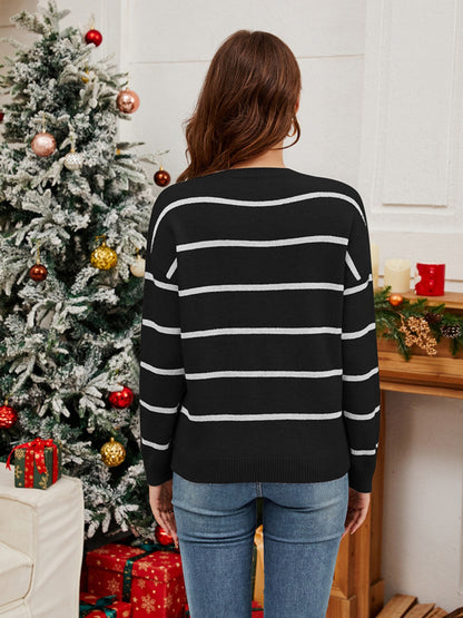 Sequin Santa Striped Round Neck Long Sleeve Sweater-Angel Casuals