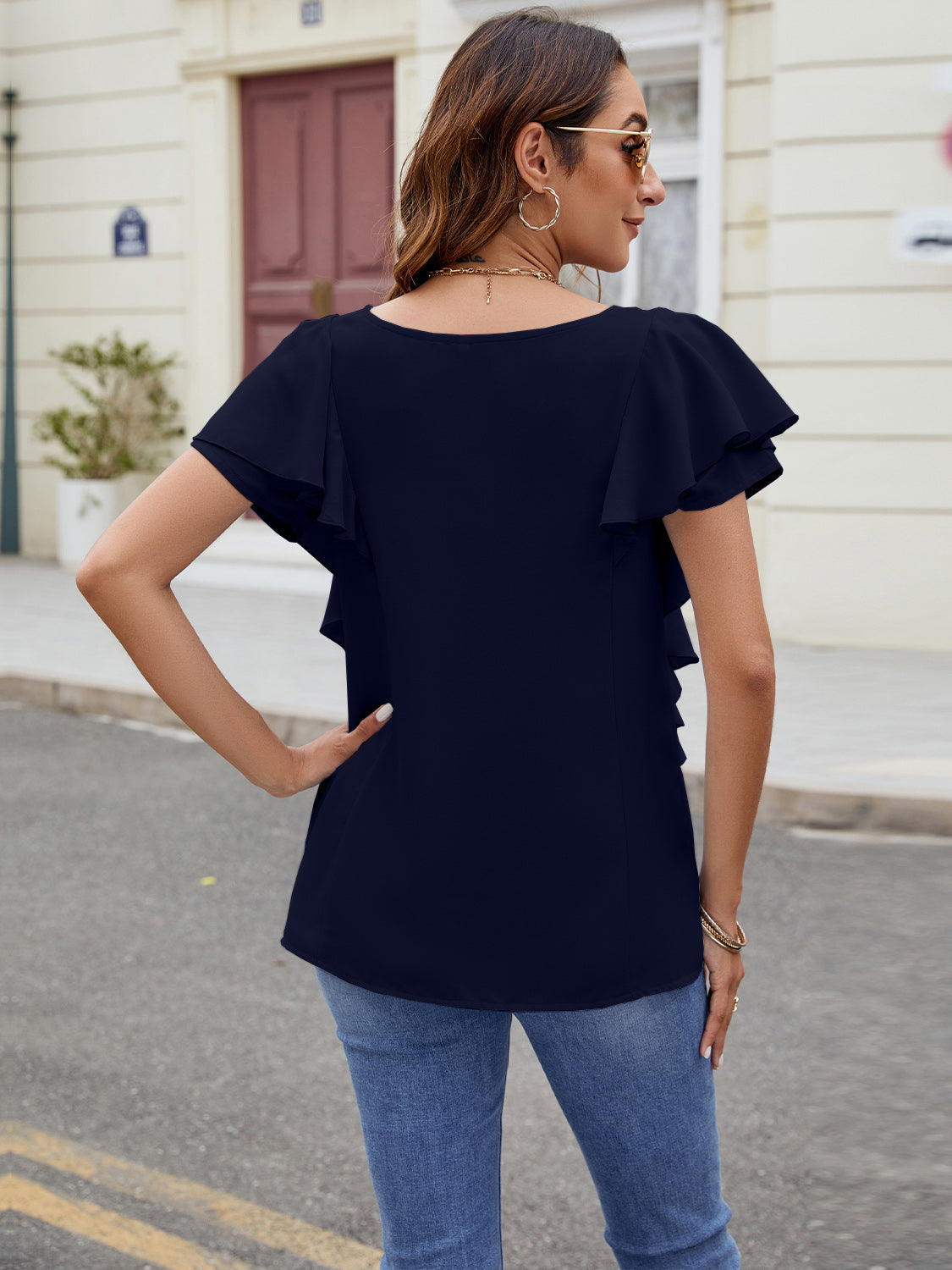 Ruffled V-Neck Short Sleeve Top-Angel Casuals