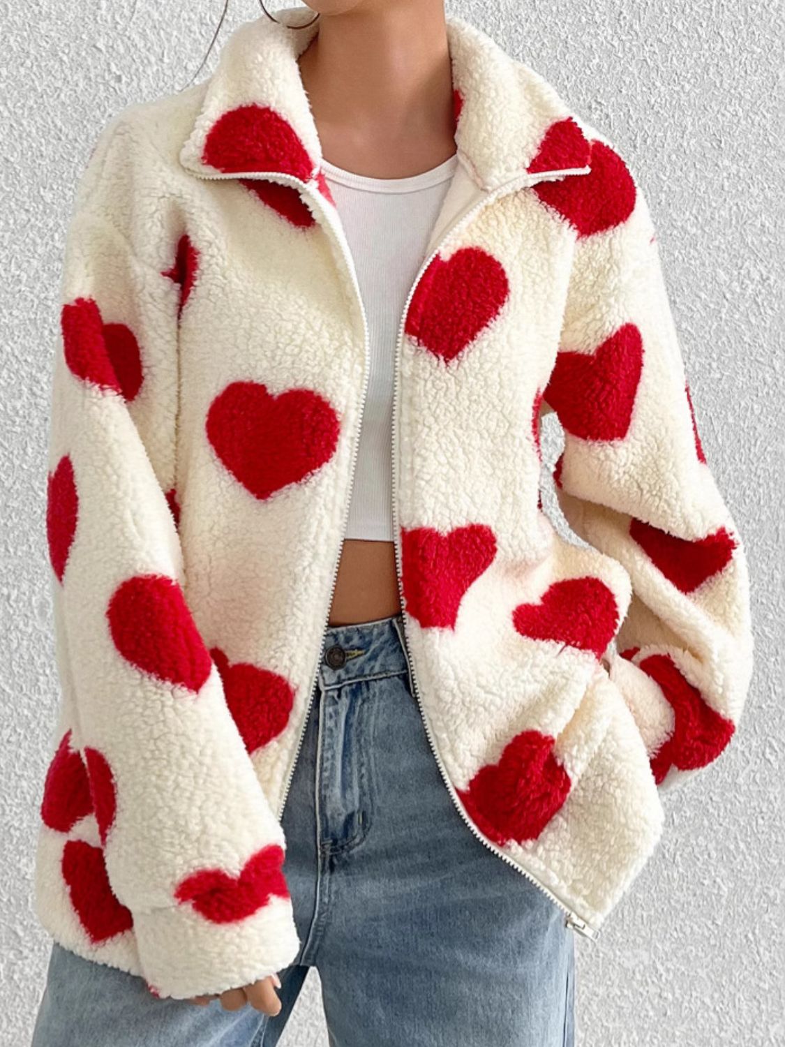 Heart Zip Up Drop Shoulder Furry Jacket-Angel Casuals