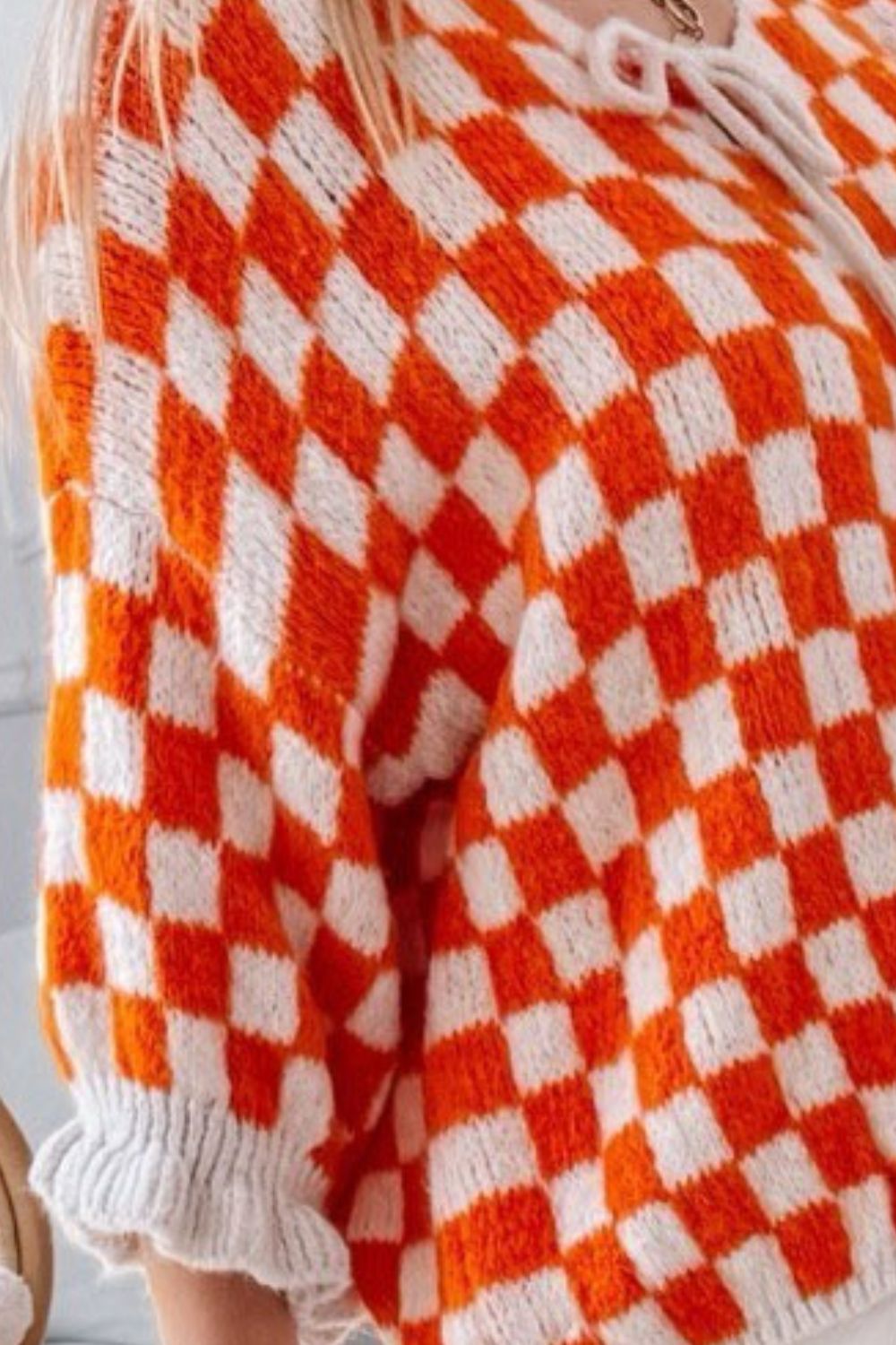 Double Take Tied Checkered Dropped Shoulder Flounce Sleeve Cardigan-Angel Casuals