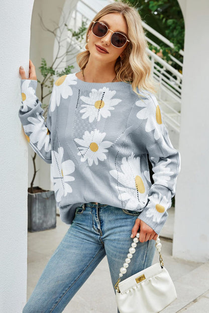 Angel Wings Daisy Print Openwork Round Neck Sweater-Angel Casuals