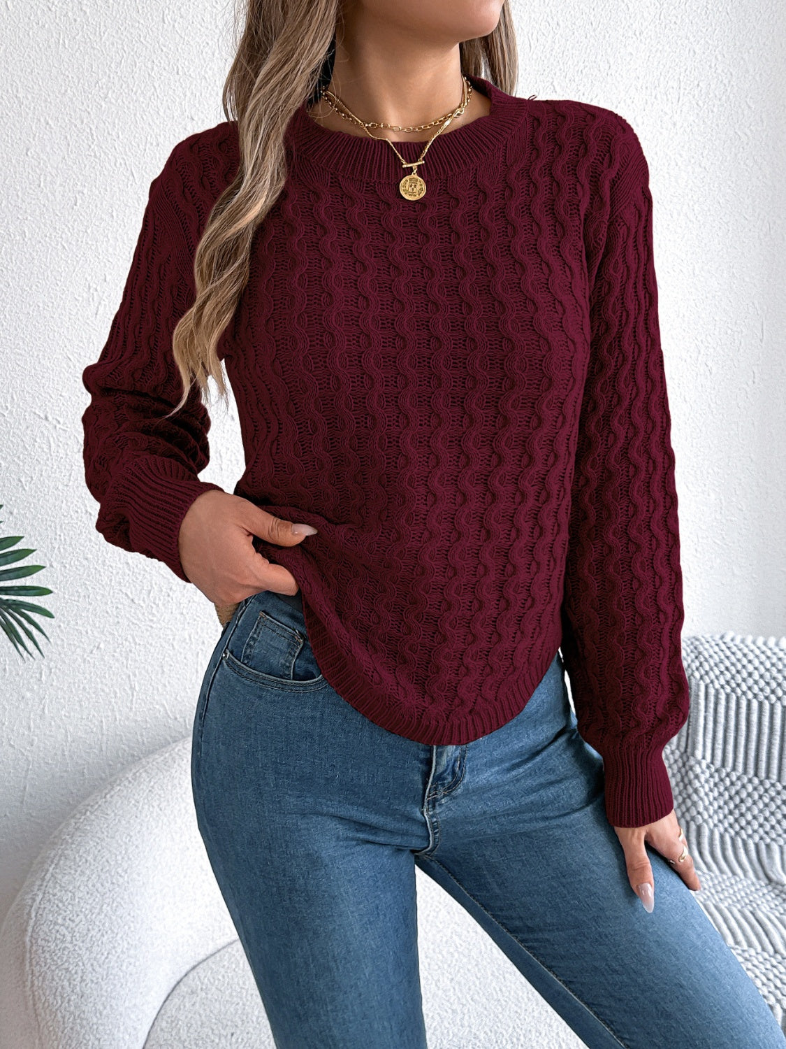 Asymmetric Hem Round Neck Long Sleeve Sweater-Angel Casuals