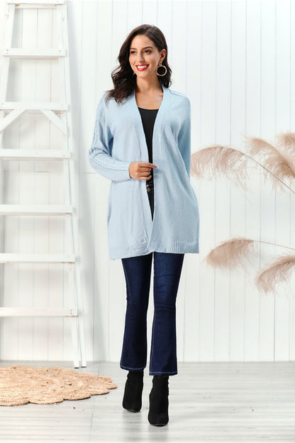 Cable-Knit Open Front Long Sleeve Cardigan-Angel Casuals