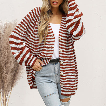 Striped Button Down Long Sleeve Cardigan-Angel Casuals