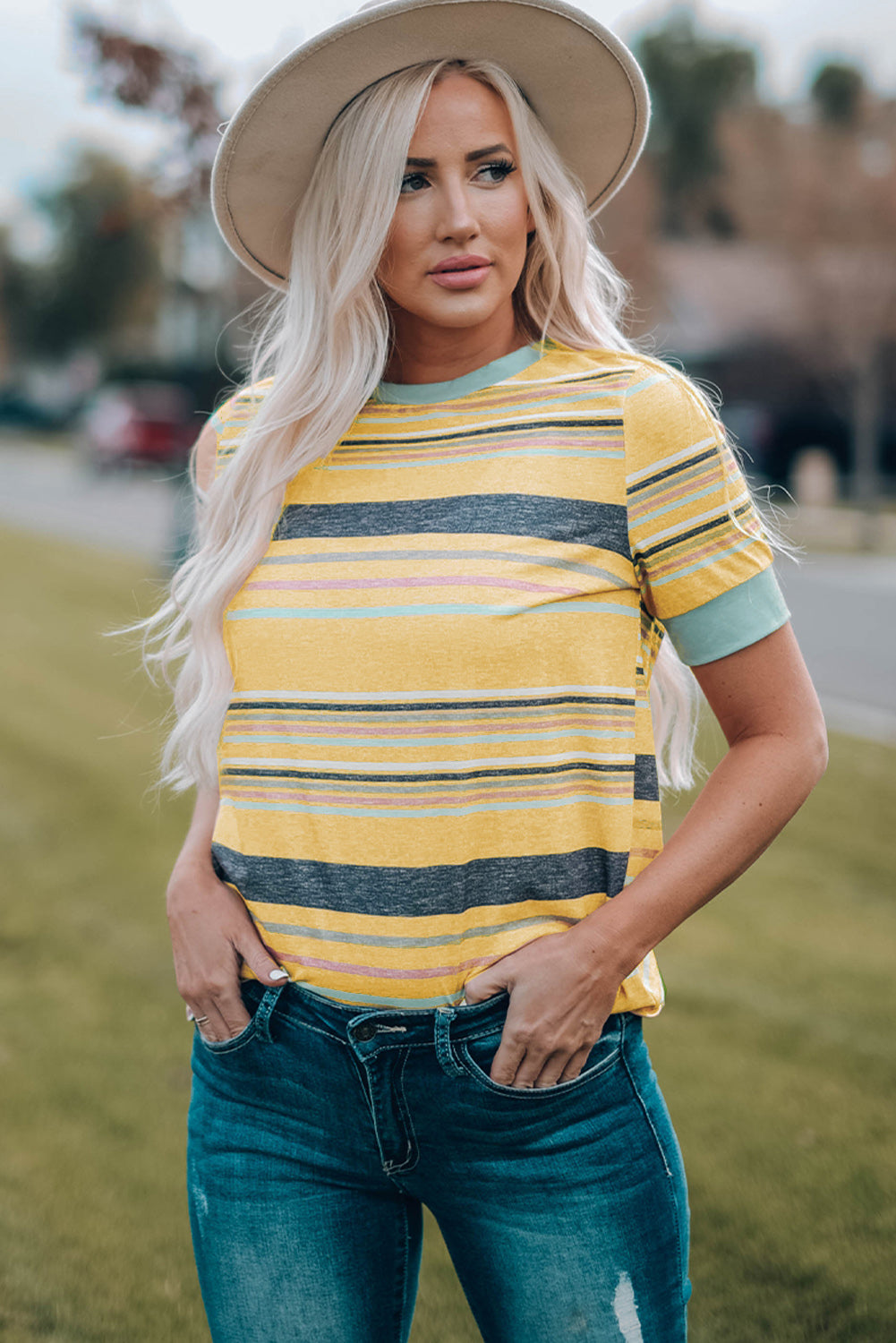 Multicolored Striped Round Neck Tee Shirt-Angel Casuals