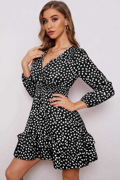 Printed Surplice Neck Puff Sleeve Ruffle Hem Dress-Angel Casuals