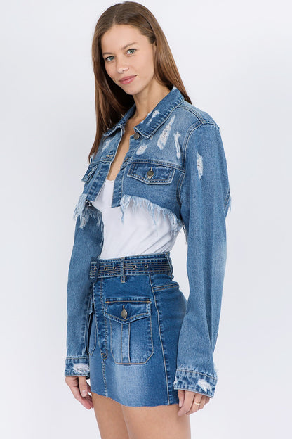 American Bazi Distressed Denim Jacket with Frayed Hem-Angel Casuals