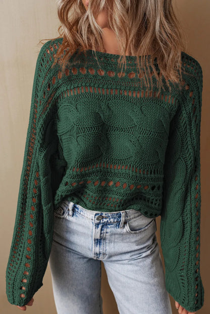 Cable-Knit Openwork Long Sleeve Sweater-Angel Casuals